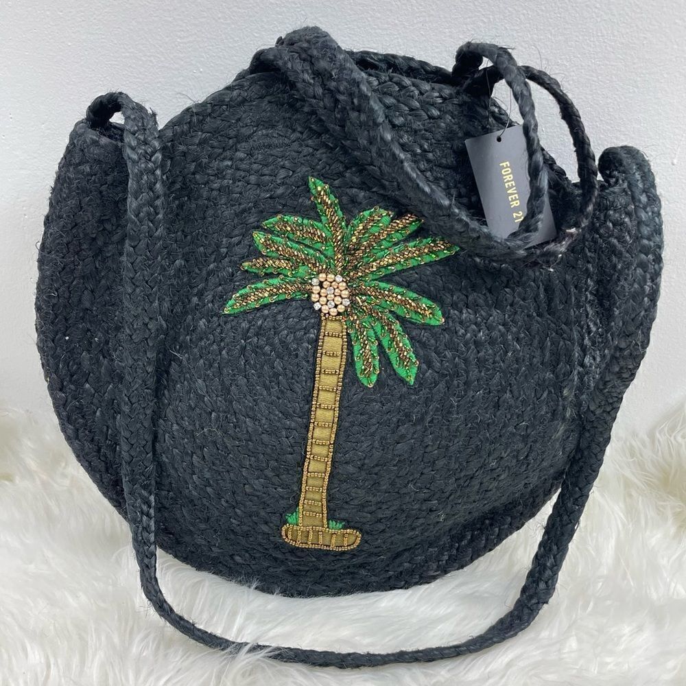 Wicker Tropical Palm Tree round bag black with hand & shoulder handle st…